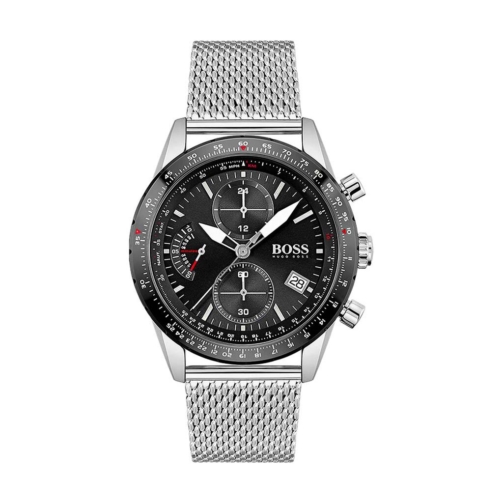 Men's Hugo Boss Pilot Edition chronograph watch featuring a 44mm black dial, silver mesh bracelet, and red accents, with sub-dials and date display at 4 o'clock.