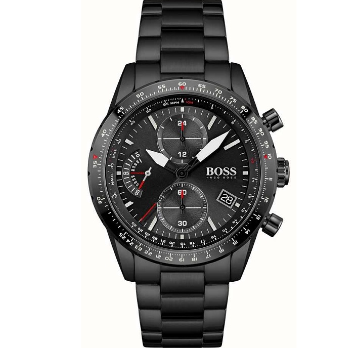 Hugo Boss Pilot Edition 1513854 men's chronograph watch features a 44mm black dial, black steel bracelet, and red accents on sub-dials and date display.