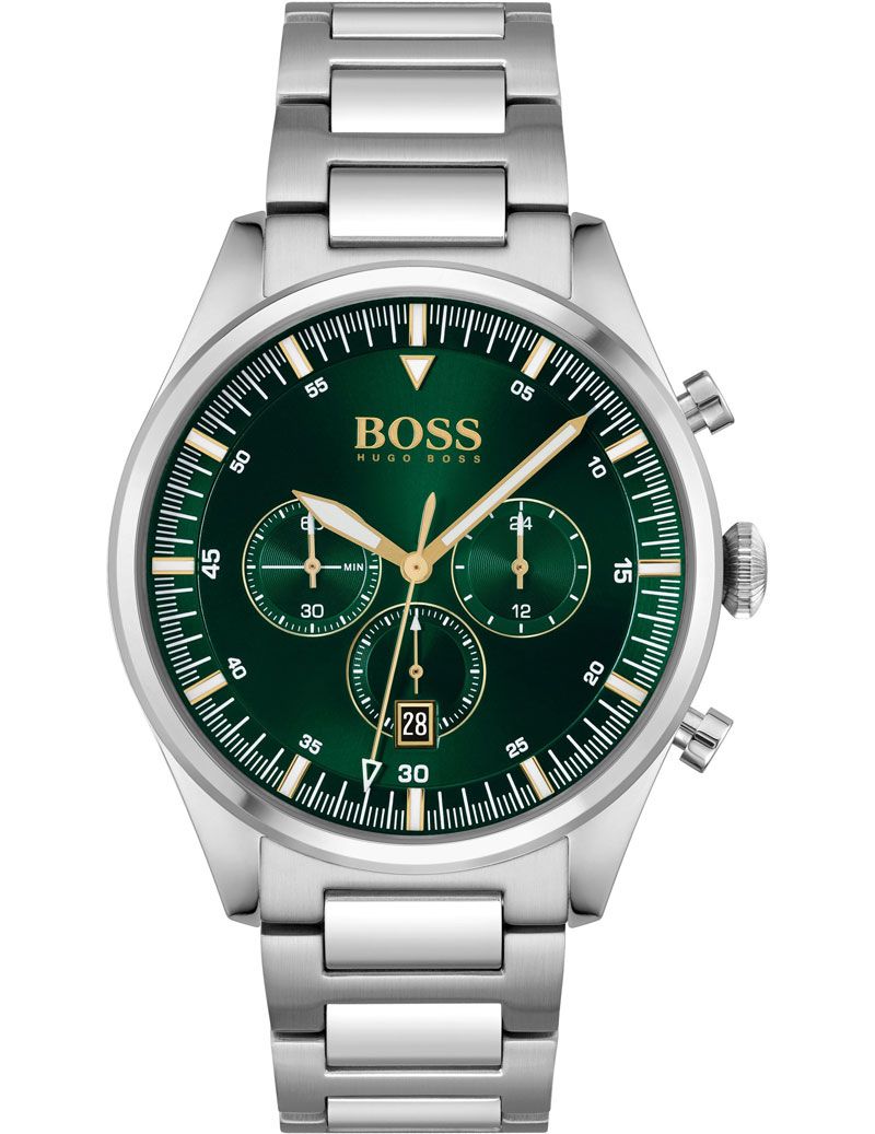 Silver stainless steel chronograph watch with a green dial, featuring three sub-dials, date display, and bold white hour markers, branded "BOSS" at the top.