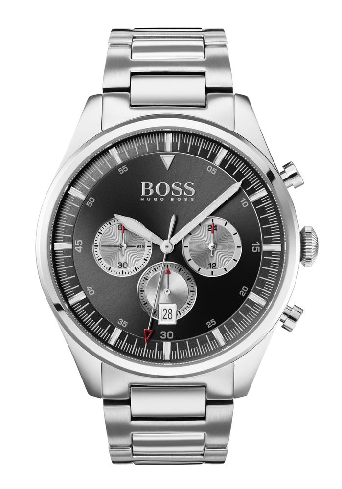 Silver stainless steel watch featuring a black dial, three sub-dials, red accents, and a date display at 4 o'clock, with a polished link bracelet.