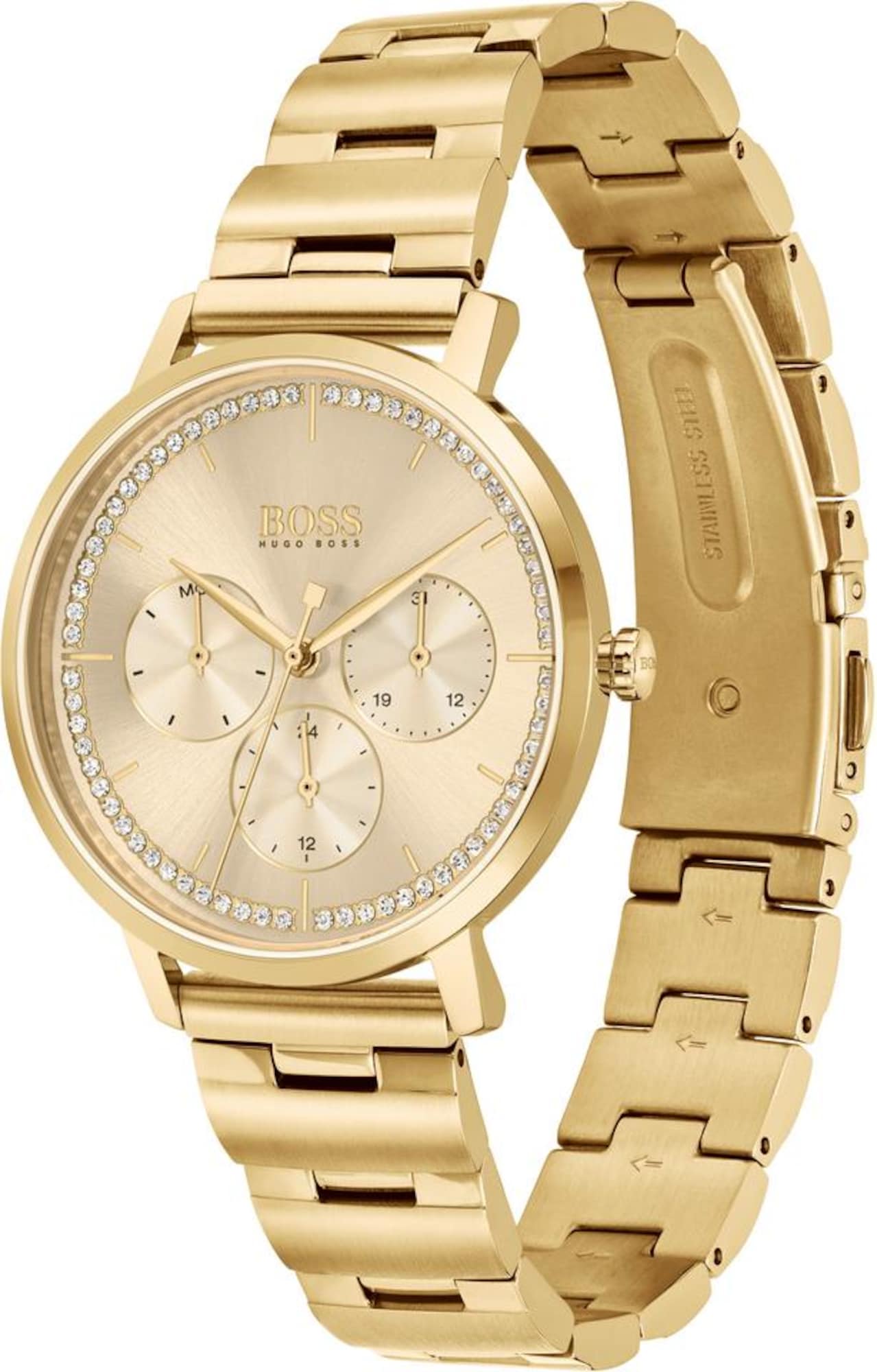 Gold multifunction watch with a 35mm sunray dial, featuring three sub-dials and a crystal-studded bezel, complemented by a gold steel bracelet.