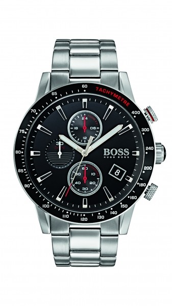Hugo Boss Rafale Chronograph men's watch features a black dial with red accents, stainless steel case and bracelet, tachymeter scale, and three sub-dials for chronograph functions.