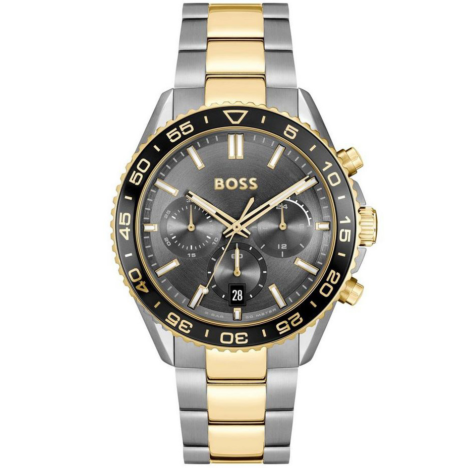 Men's Hugo Boss chronograph watch featuring a 43mm grey dial, gold and silver two-tone bracelet, black bezel, and three sub-dials with a date display.