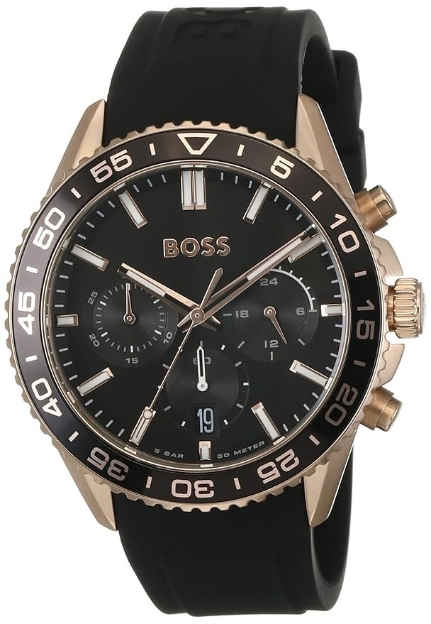 Men's Hugo Boss Runner chronograph watch features a 44mm black dial, gold-tone accents, three subdials, and a durable black silicone strap.