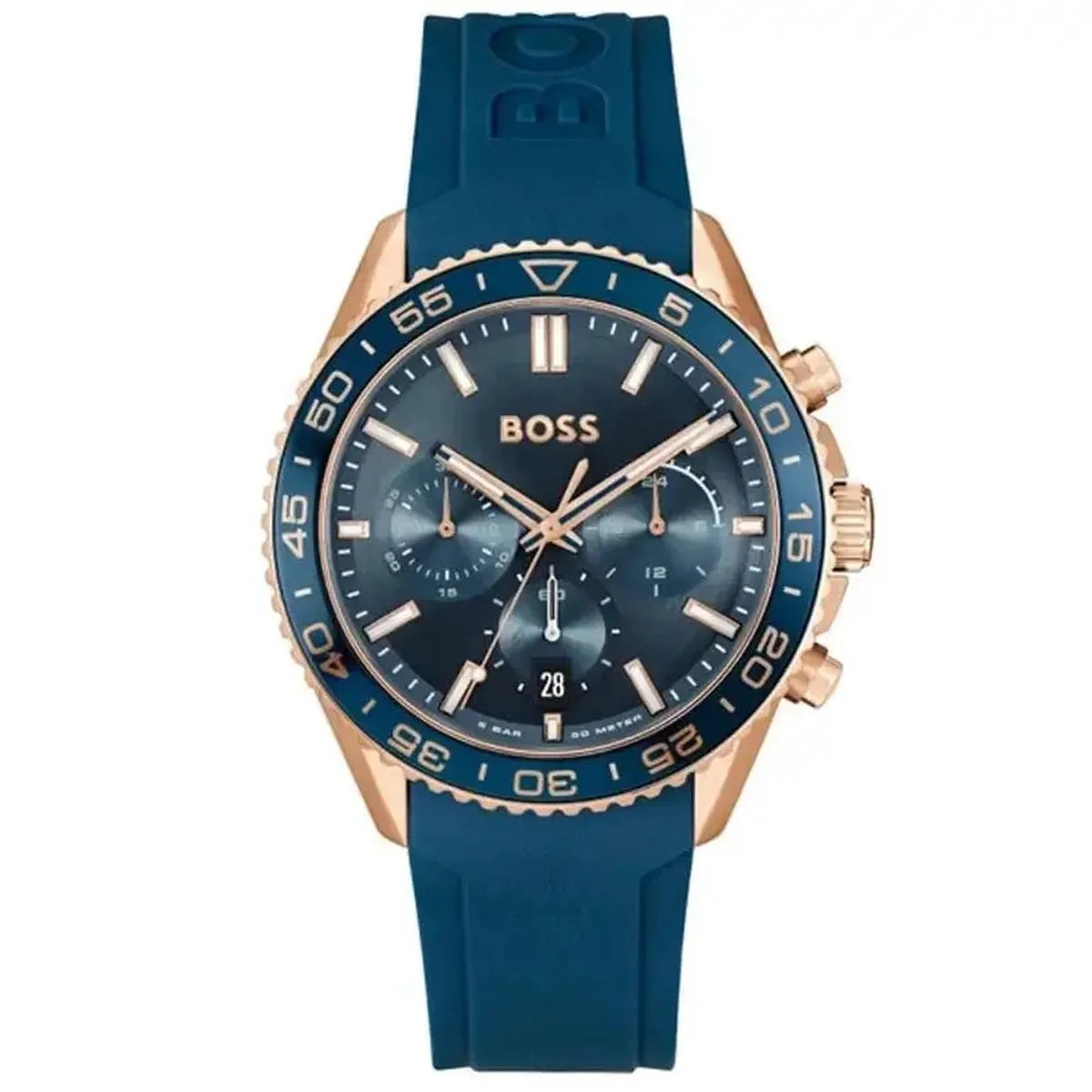 Hugo Boss men's chronograph watch features a 44mm blue dial, rose gold case, and a durable silicone strap, with prominent hour markers and sub-dials for added functionality.