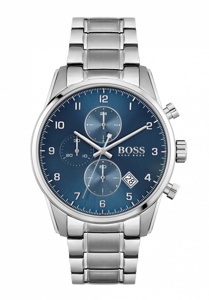 Silver stainless steel chronograph watch with a blue dial, featuring three sub-dials, silver hour markers, and a date display at 6 o'clock, finished with a polished link bracelet.