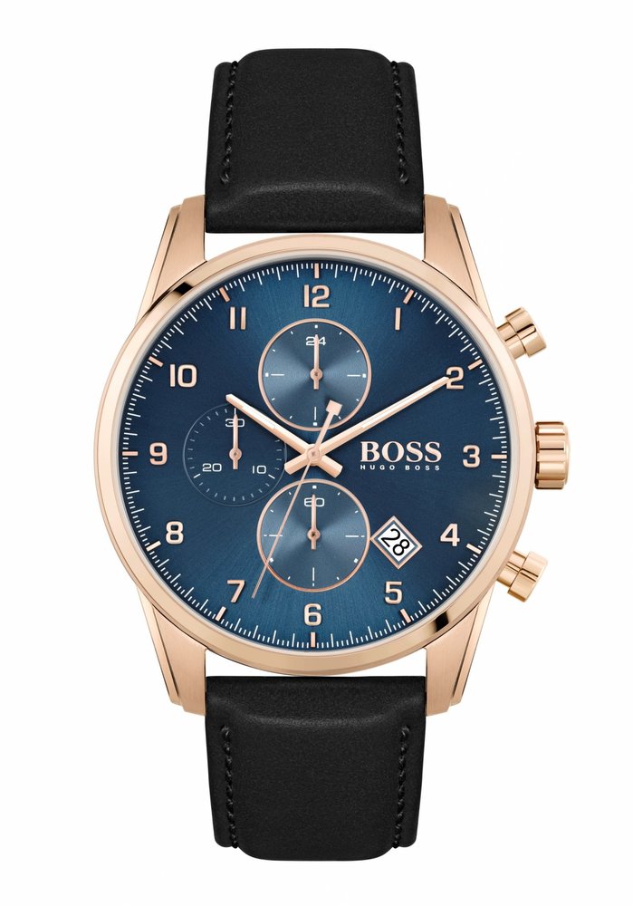 Men's Hugo Boss analogue quartz watch featuring a blue dial, rose gold-tone accents, three sub-dials, and a black leather strap.