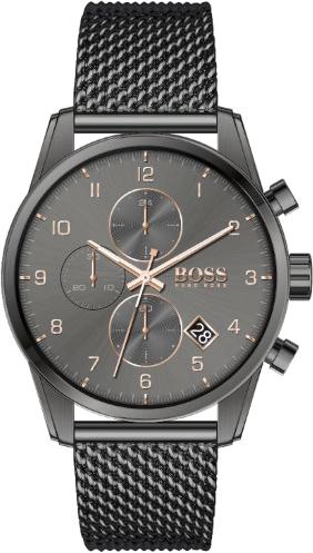 Hugo Boss Skymaster men's watch features a dark gray dial with rose gold accents, three sub-dials, a date display, and a textured black stainless steel mesh strap.