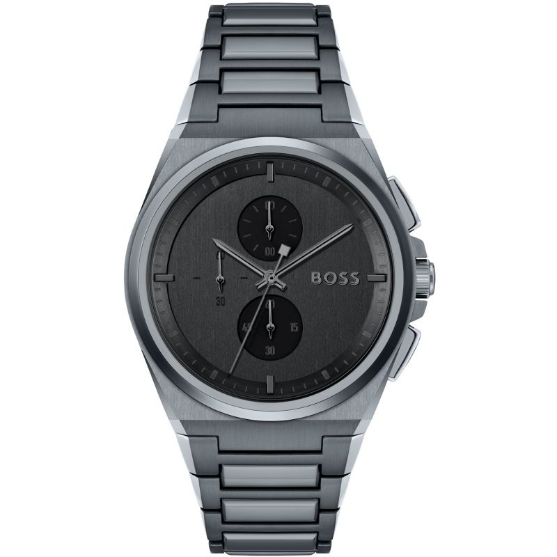 Men's Hugo Boss Steer 1513996 chronograph watch features a 44mm grey dial, two sub-dials, and a grey steel bracelet, showcasing a sleek, modern design.