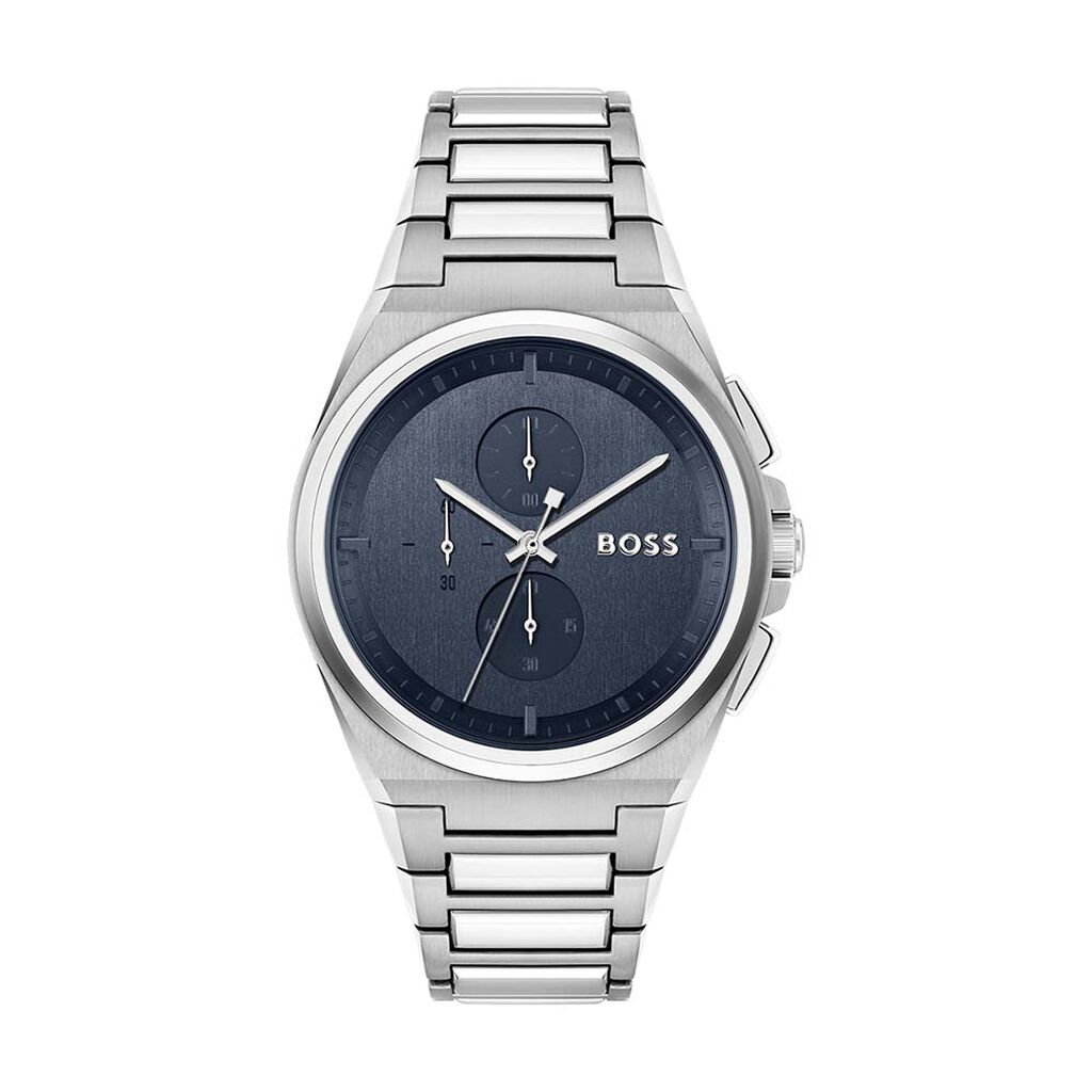 Men's Hugo Boss Steer chronograph watch featuring a 44mm blue dial, silver-tone steel bracelet, and three sub-dials for precise timekeeping.