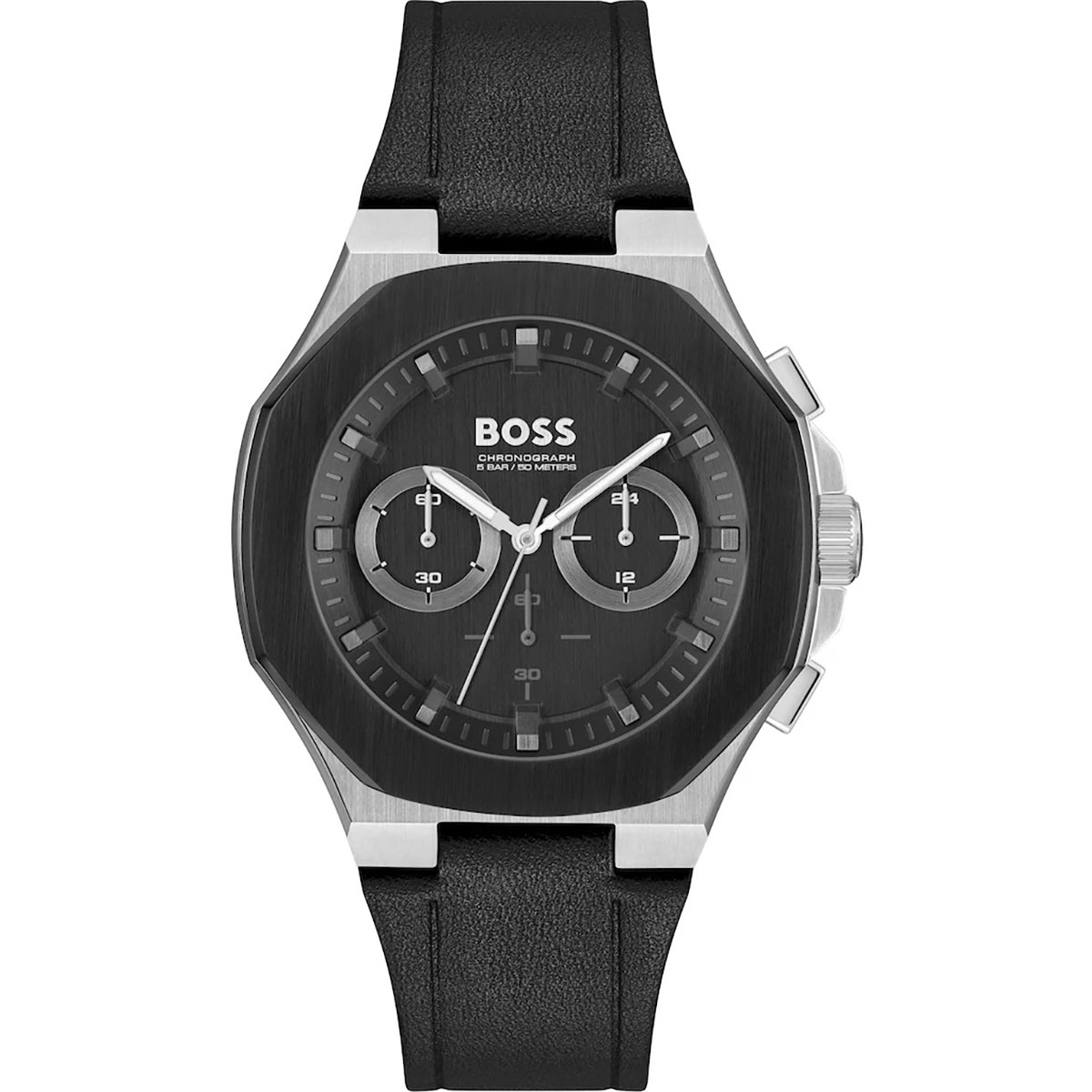 Black dial chronograph watch with silver-tone accents, octagonal stainless steel case, and black leather strap, featuring two sub-dials and bold "BOSS" logo.