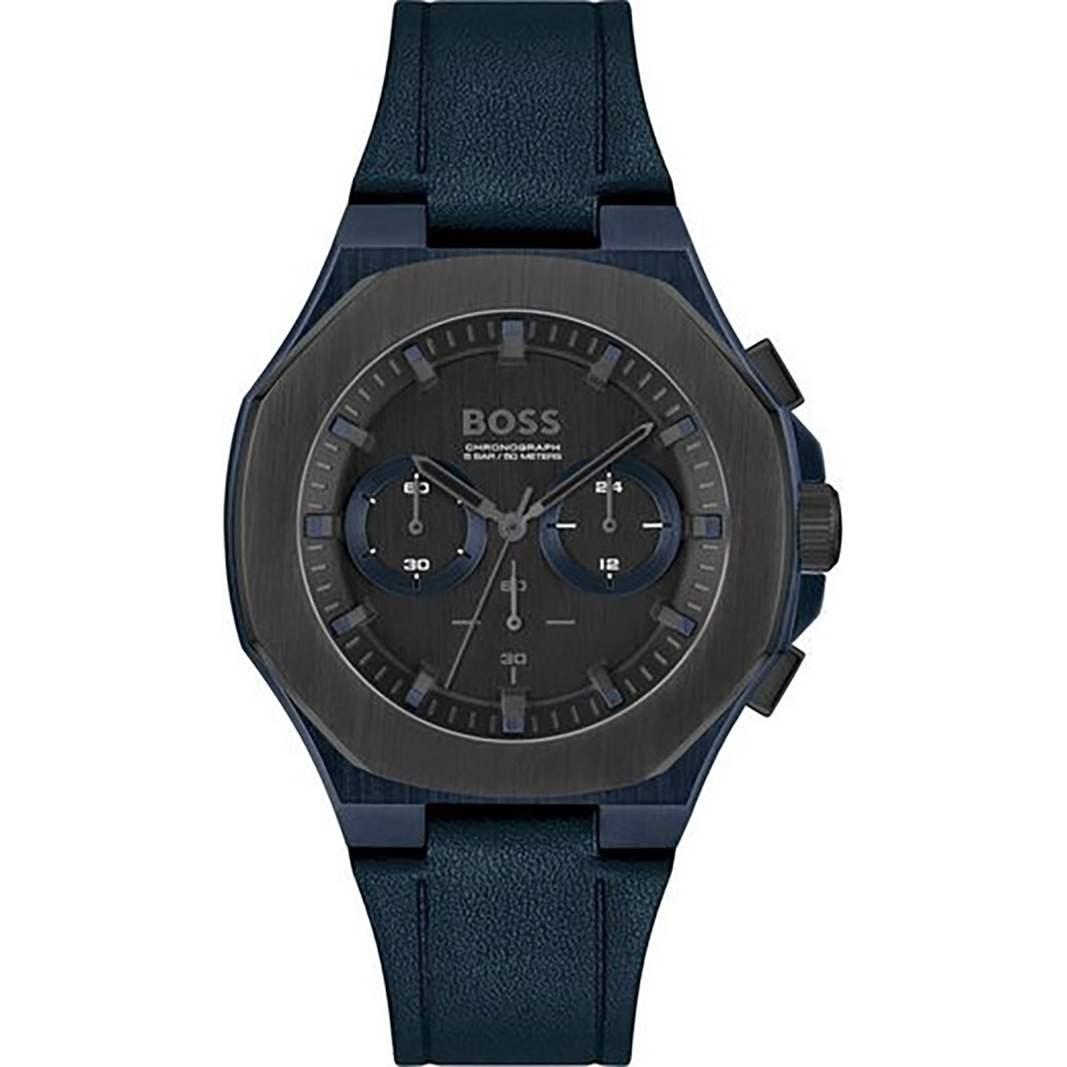 Hugo Boss 1514086 men's watch features a black dial with blue accents, a sleek blue case, chronograph functions, and a textured blue leather strap.