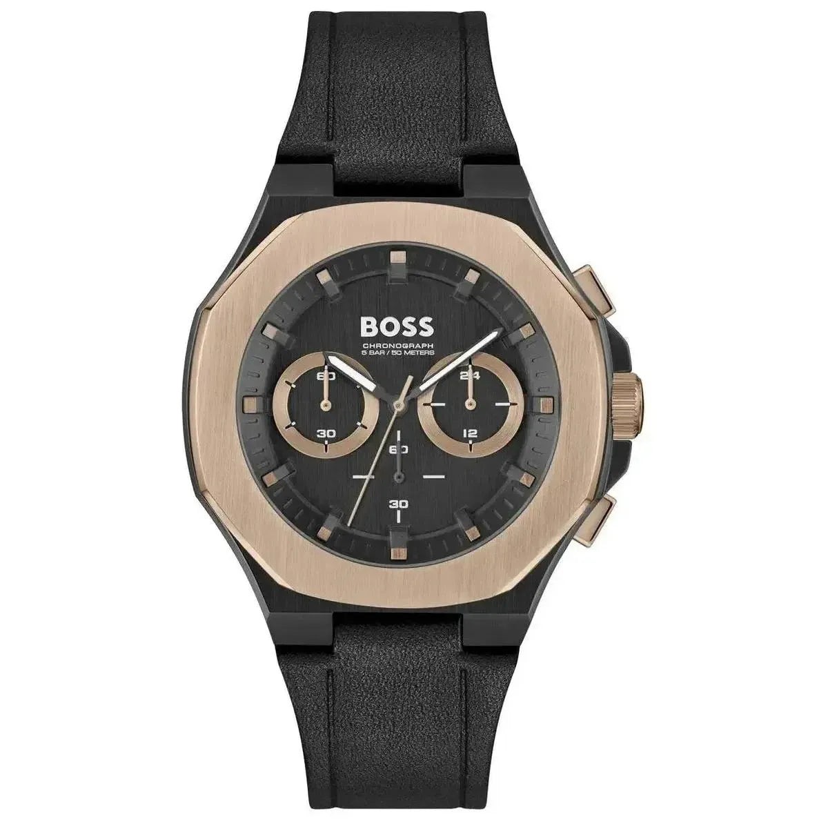 Hugo Boss Taper 1514089 men's chronograph watch features a 45mm black dial, gold-tone accents, and a black leather strap, showcasing a sleek and modern design.