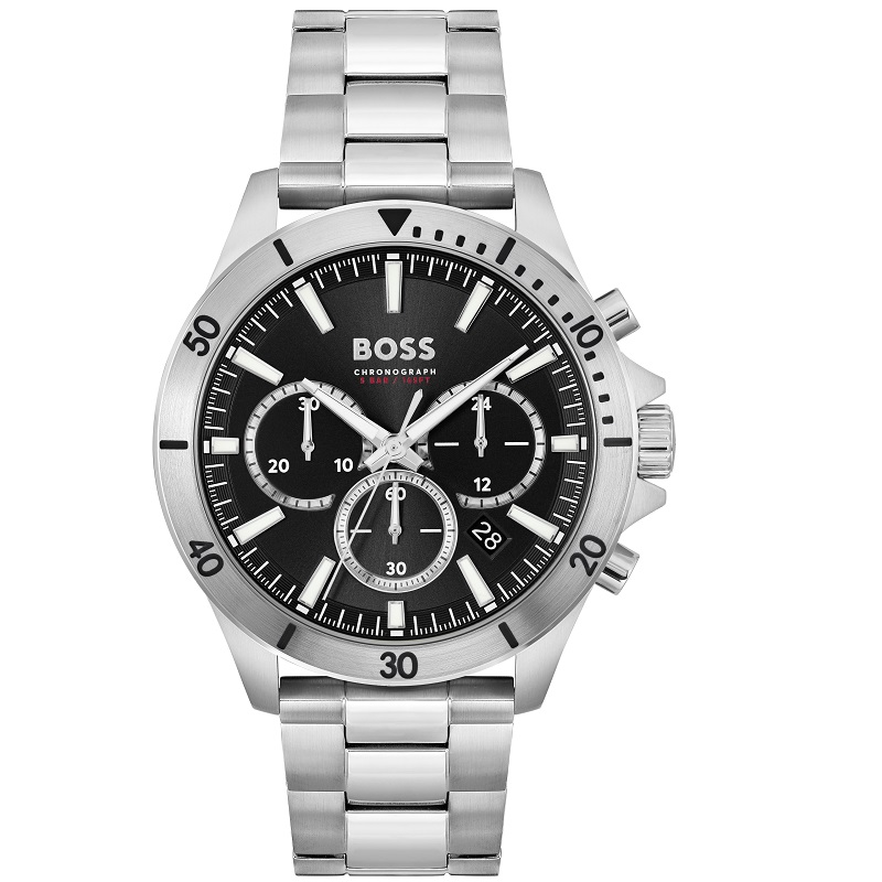 Men's Hugo Boss Troper chronograph watch features a 45mm black dial, silver-tone stainless steel bracelet, bold hour markers, and three sub-dials for added functionality.