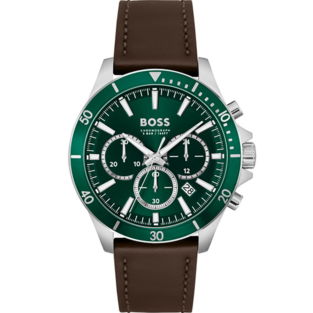 Men's Hugo Boss Troper chronograph watch featuring a 45mm green dial, three subdials, silver-tone markers, and a brown leather strap.