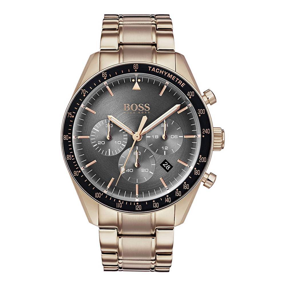 Hugo Boss 1513632 chronograph watch features a grey dial with rose gold accents, tachymeter scale, three sub-dials, and a polished rose gold stainless steel bracelet.