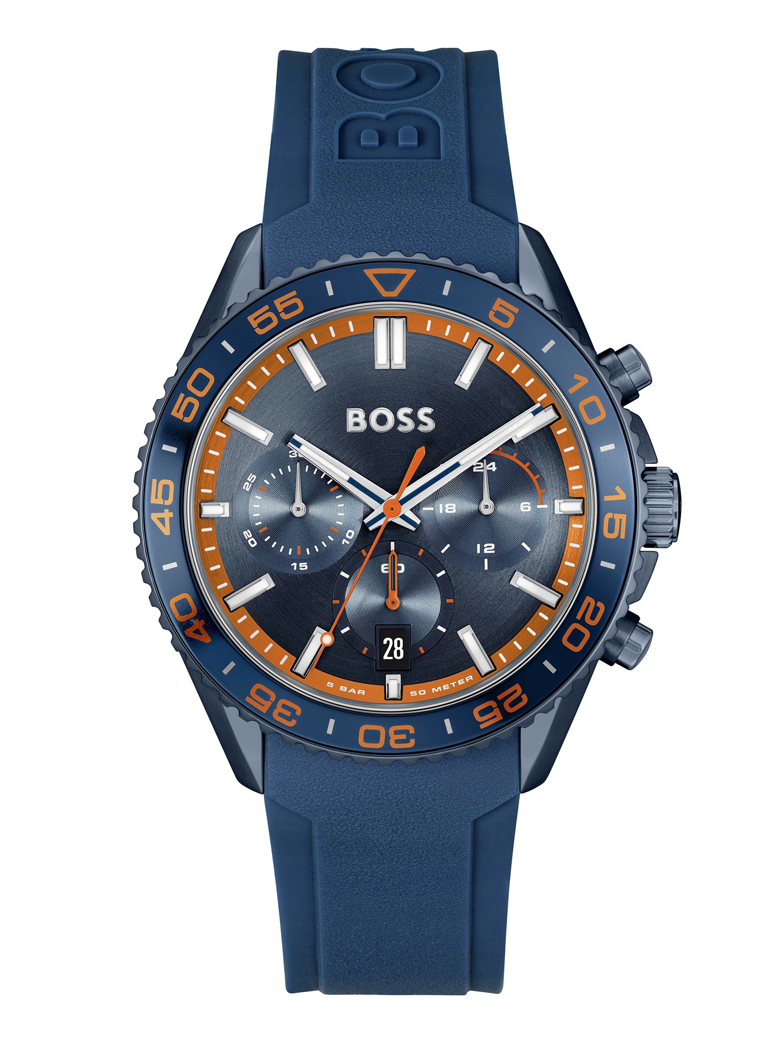 Men's Hugo Boss Runner chronograph watch features a 43mm navy blue dial, silicone strap, orange accents, and three sub-dials with date display at 6 o'clock.