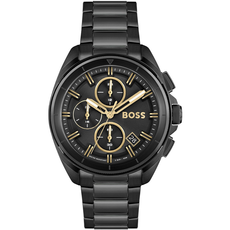 Men's Hugo Boss Volane chronograph watch features a 44mm black dial with gold accents, three sub-dials, and a black steel bracelet for a sleek, modern look.