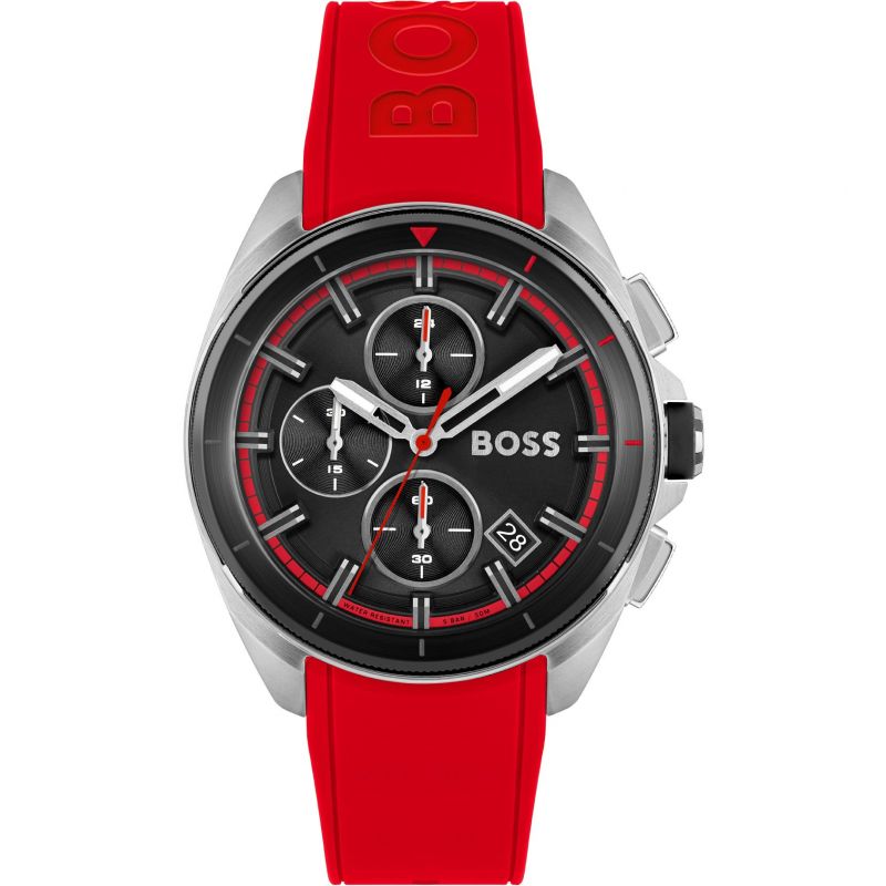 Hugo Boss Volane Chronograph men's watch features a black dial with three sub-dials, silver case, red accents, and a bold red silicone strap embossed with "BOSS."