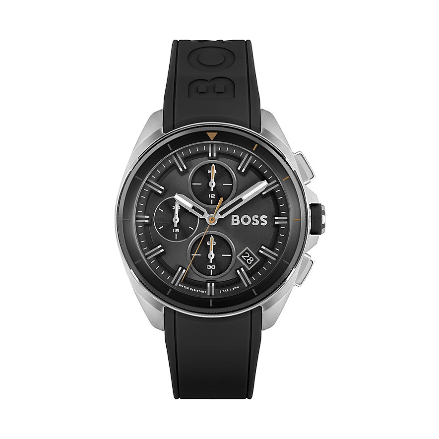Men's Hugo Boss Volane chronograph watch featuring a 44mm black dial, three sub-dials, silver-tone accents, and a black silicone strap.
