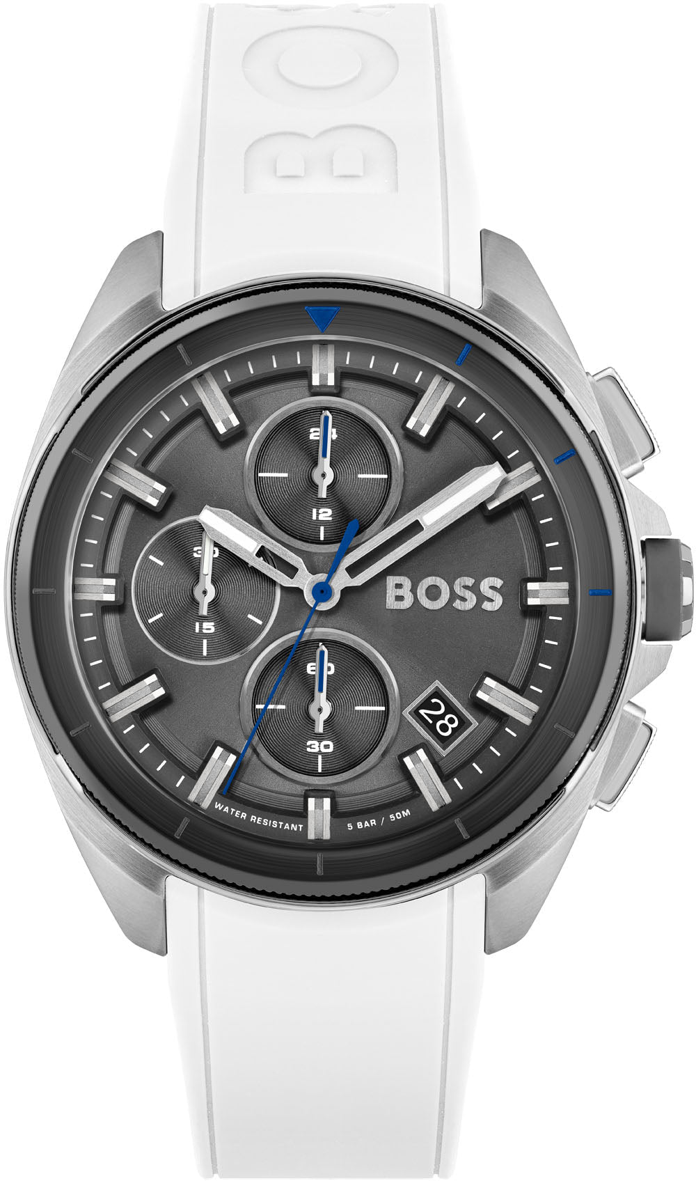 Men's Hugo Boss Volane chronograph watch featuring a 44mm grey dial, three sub-dials, blue accents, and a white silicone strap with embossed logo.