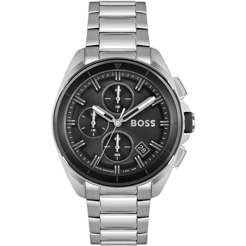 Silver stainless steel Hugo Boss 1513949 Volane men's watch featuring a black dial, three sub-dials, luminous hands, date display, and a polished link bracelet.