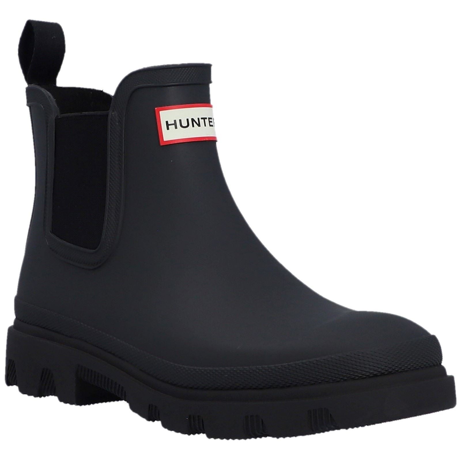 Black rubber Wellington boots with a chunky sole, featuring elastic side panels and a red and white Hunter logo on the front.