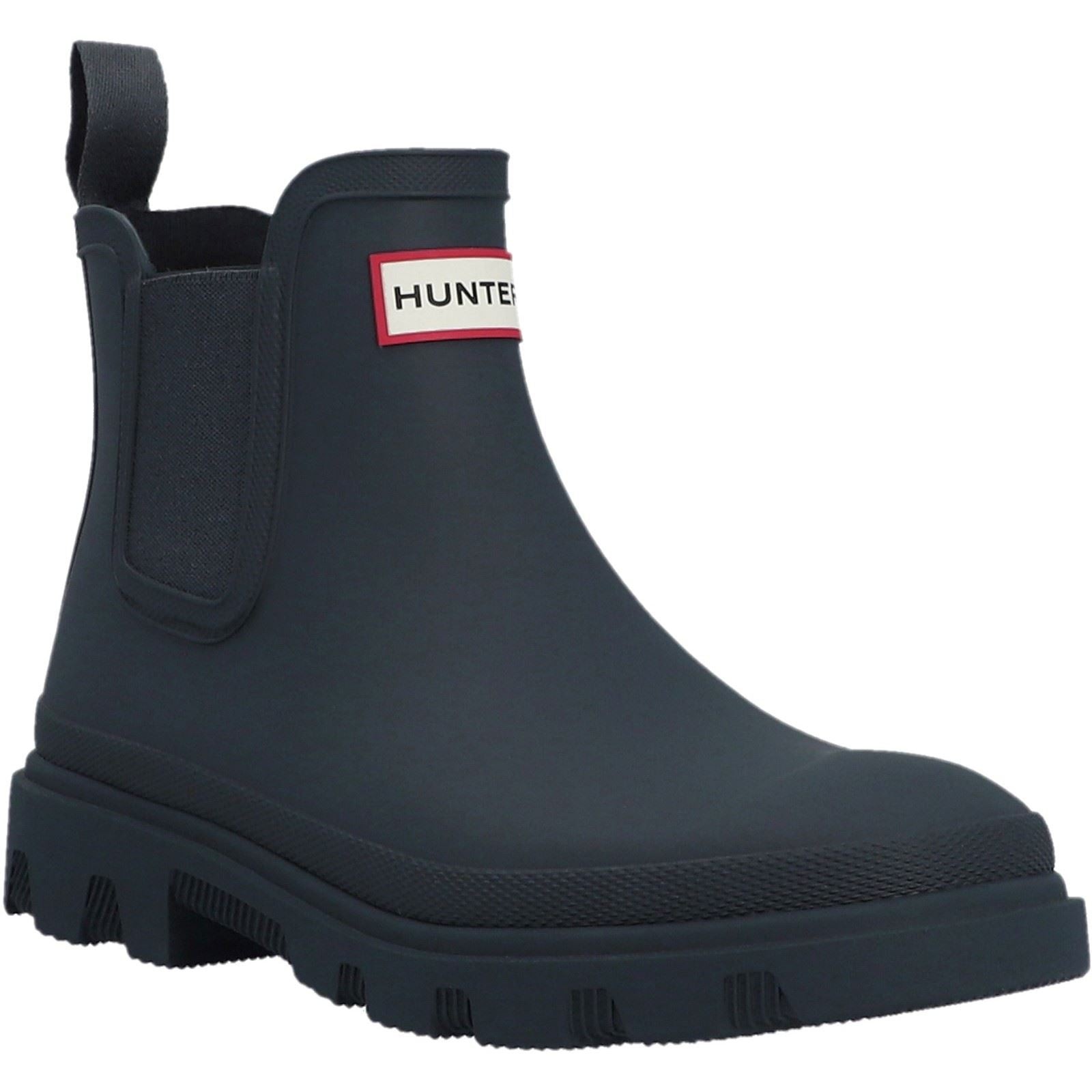 Navy blue rubber Wellington boots with a textured sole, elastic side panels, and a prominent red and white Hunter logo on the front.