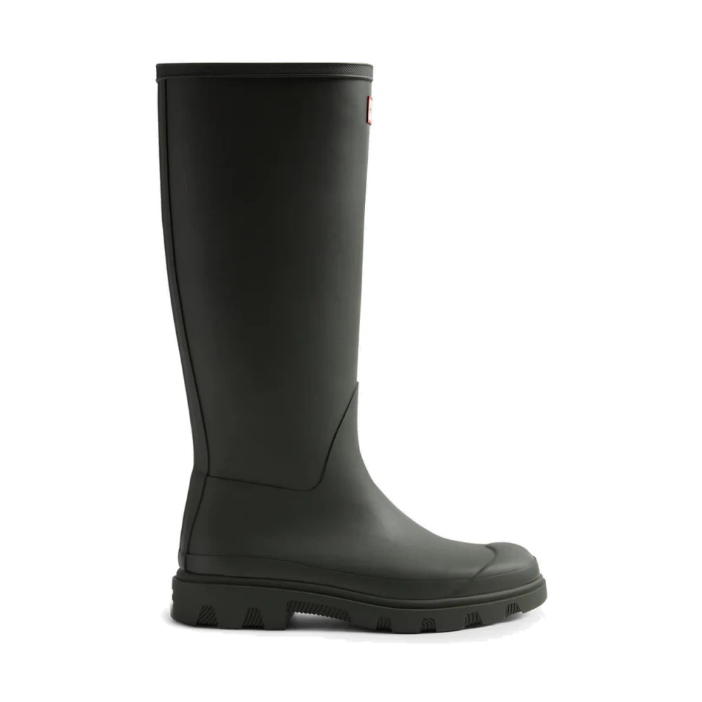 Tall Wellington boot in dark olive-green, made of durable rubber, featuring a textured sole for grip and a sleek, minimalist design without visible branding.