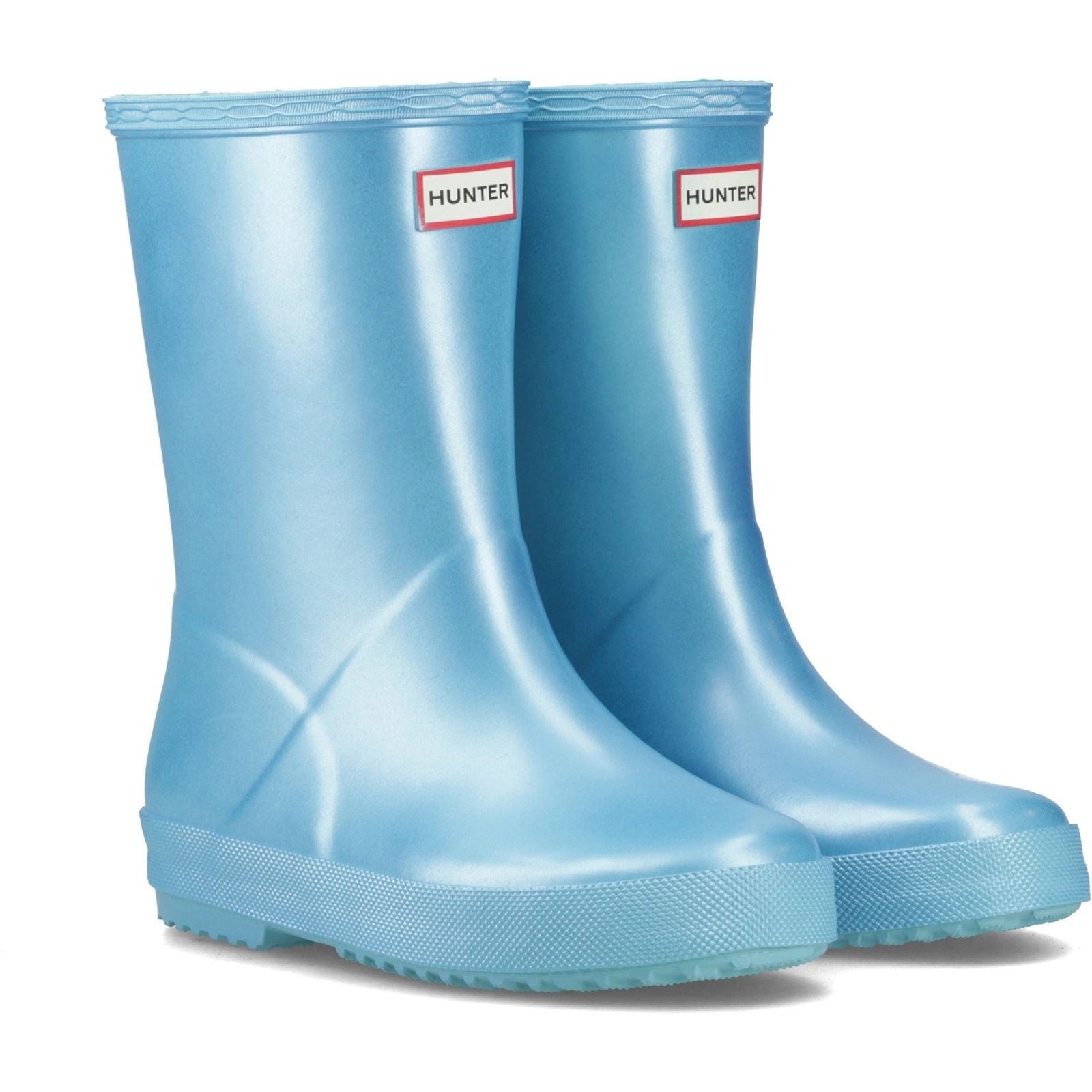 Light blue rubber Wellington boots with a glossy finish, featuring a textured sole and the Hunter logo on the front.