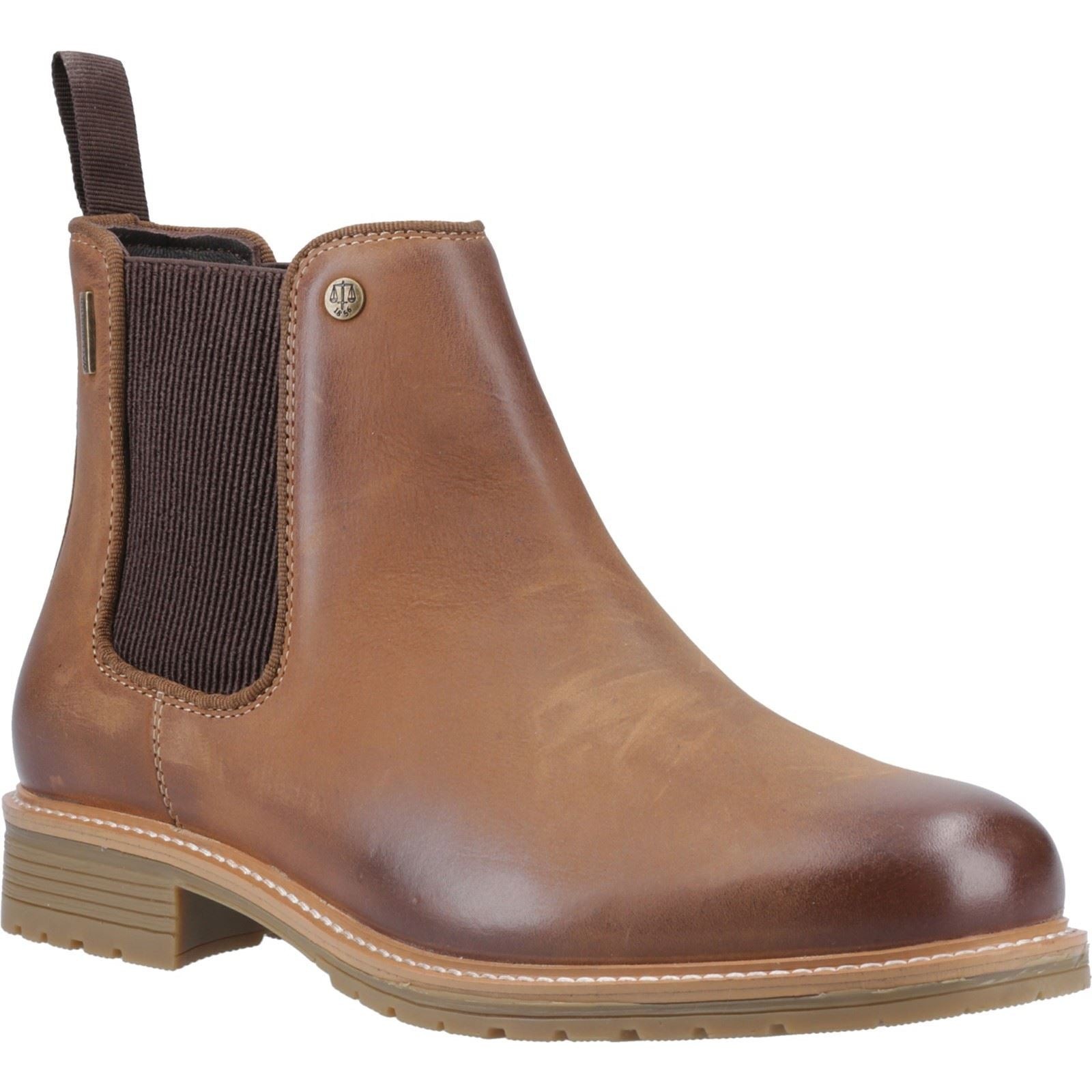 Dark tan leather Chelsea boots with elastic side panels, a rounded toe, and a durable rubber sole, featuring a subtle logo detail on the side.
