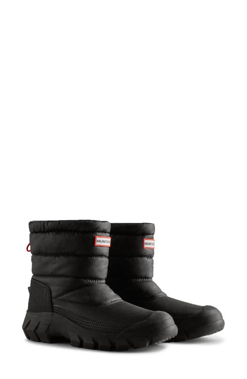 Black short snow boots featuring a padded upper, textured rubber sole, and a pull tab, designed for warmth and traction in winter conditions.