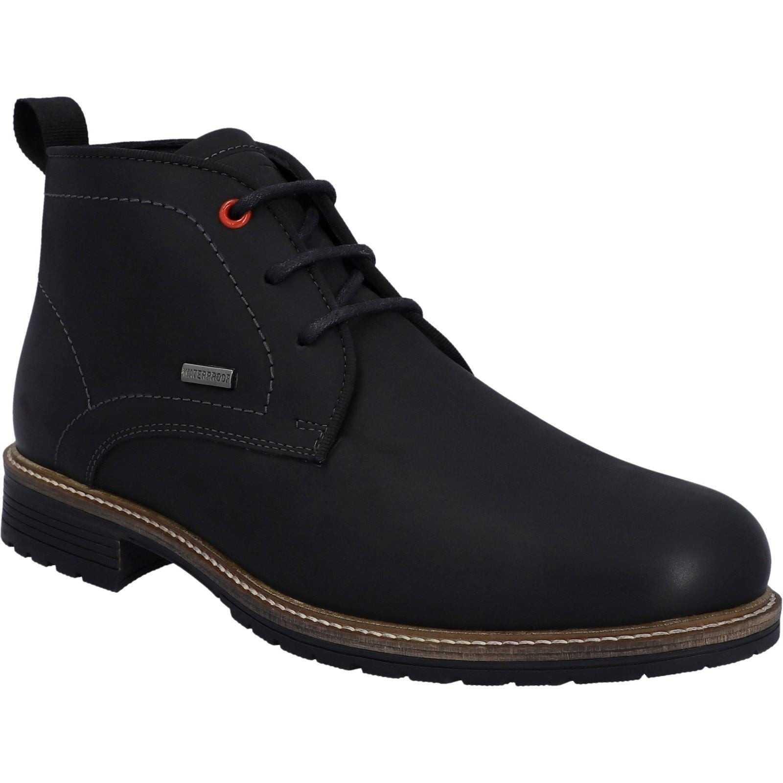 Black leather ankle boot featuring a lace-up design, contrasting red eyelet, and a sturdy rubber sole with a brown trim.