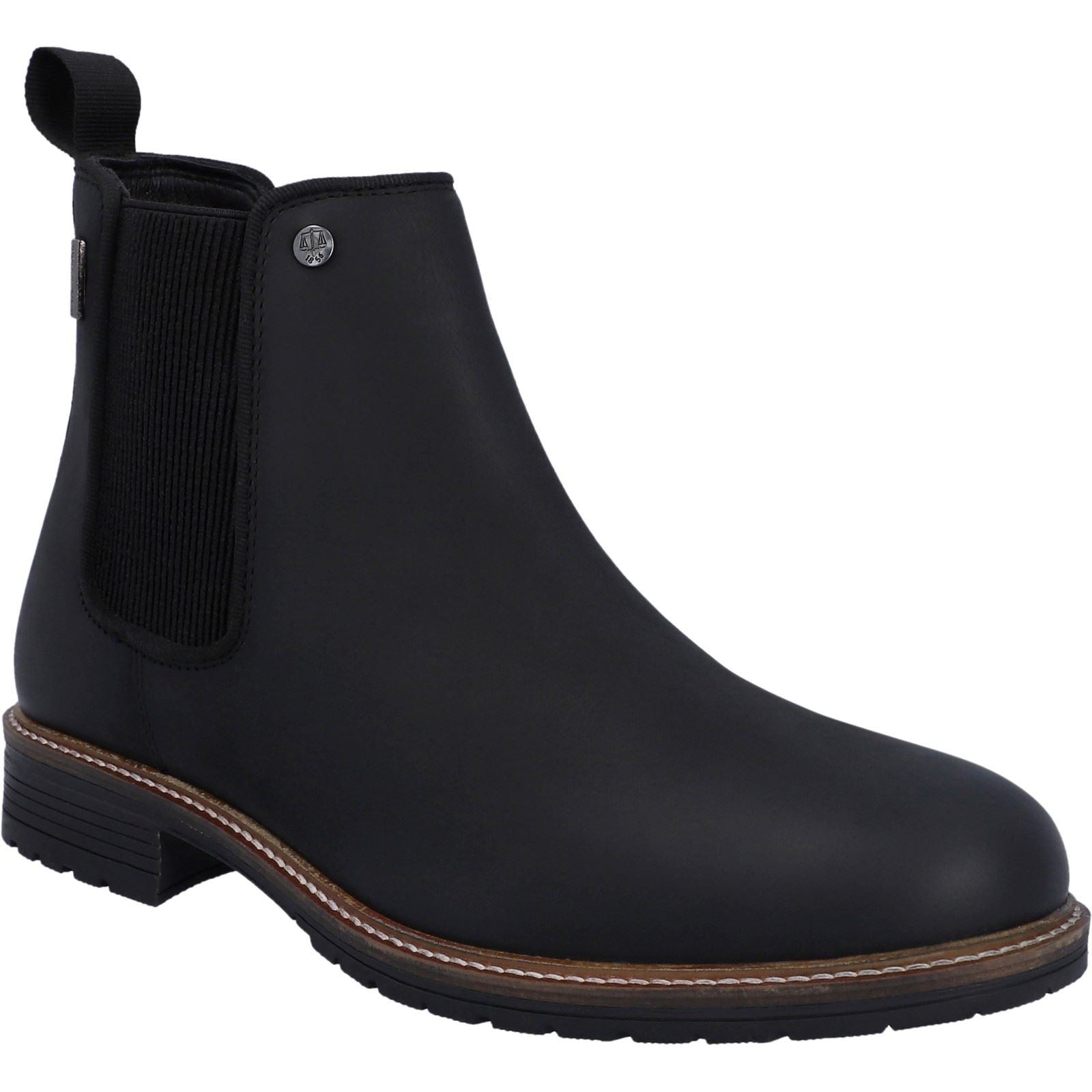 Black leather ankle boot with elastic side panels, a rounded toe, and a low stacked heel, featuring a logo badge on the side.