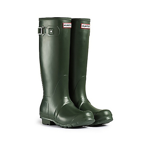 Dark olive green rubber Wellington boots with a tall design, featuring a buckle detail and the Hunter logo on the front.