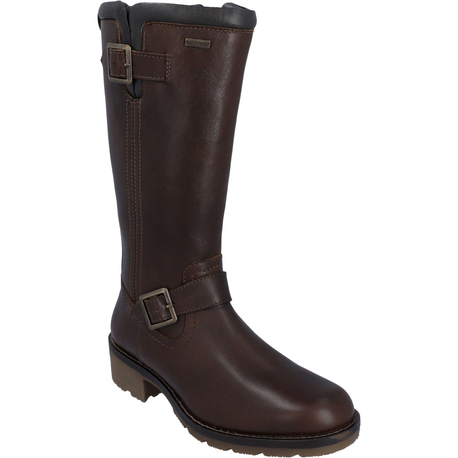 Brown leather tall boots featuring a buckle detail, sturdy sole, and a sleek design, ideal for stylish and functional wear.
