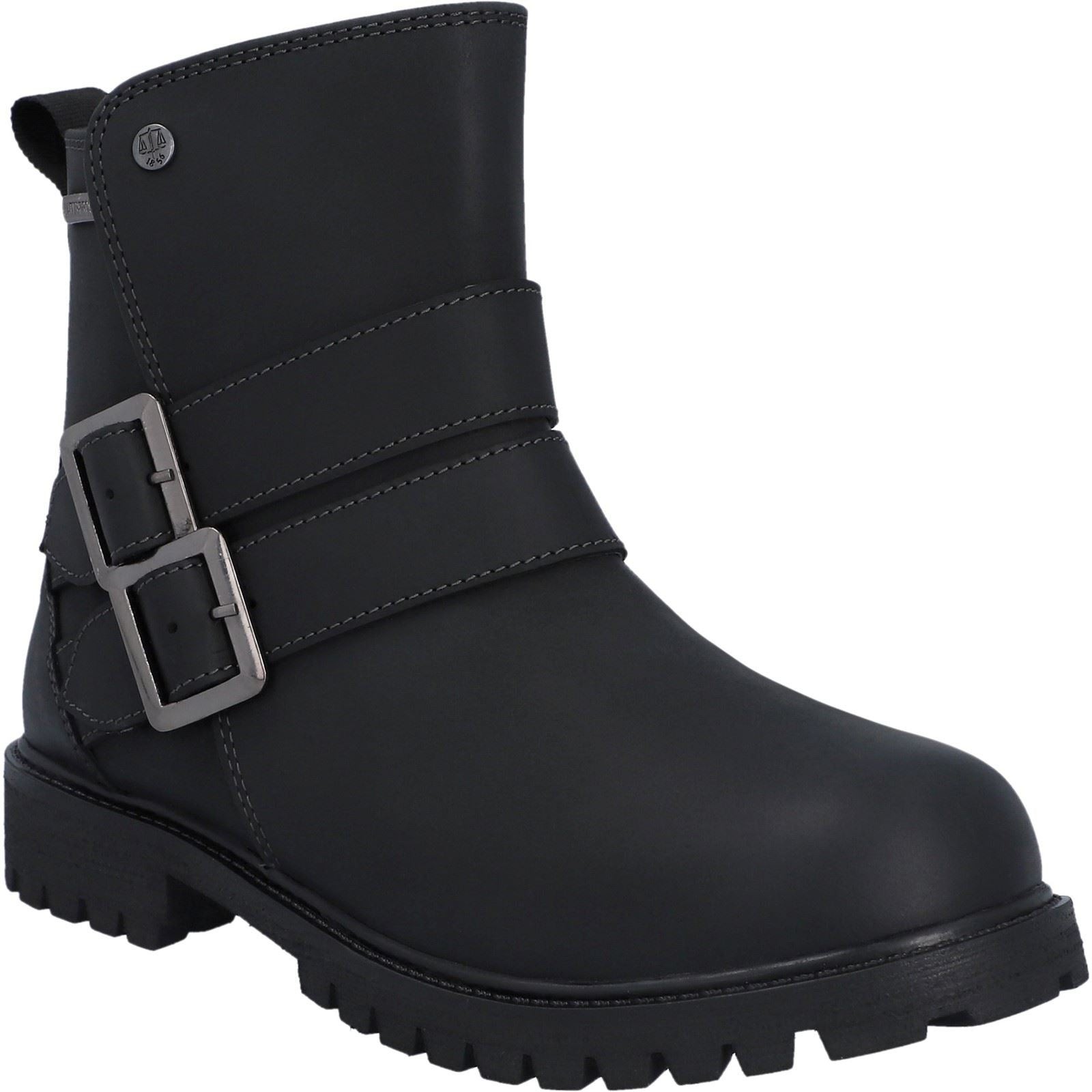 Black ankle boot featuring a sleek design, made of waterproof material, with two adjustable silver buckles and a rugged sole for traction.