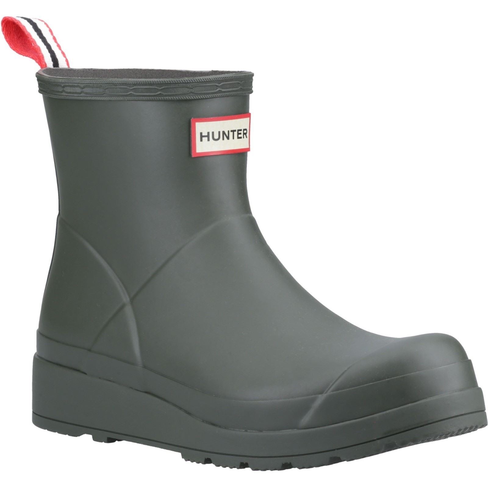 Dark olive rubber short boots with a rounded toe, a textured sole, and a red and white logo on the front, featuring a pull tab at the back for easy wear.