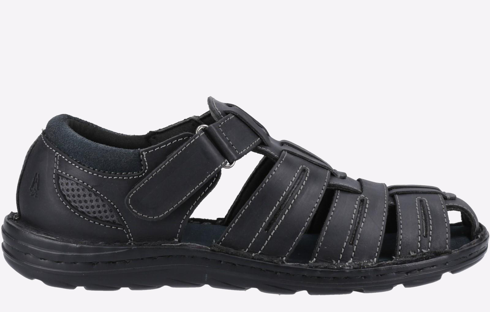 Black leather men's sandals featuring a closed toe, adjustable strap, and multiple cutouts for breathability, designed by Hush Puppies.