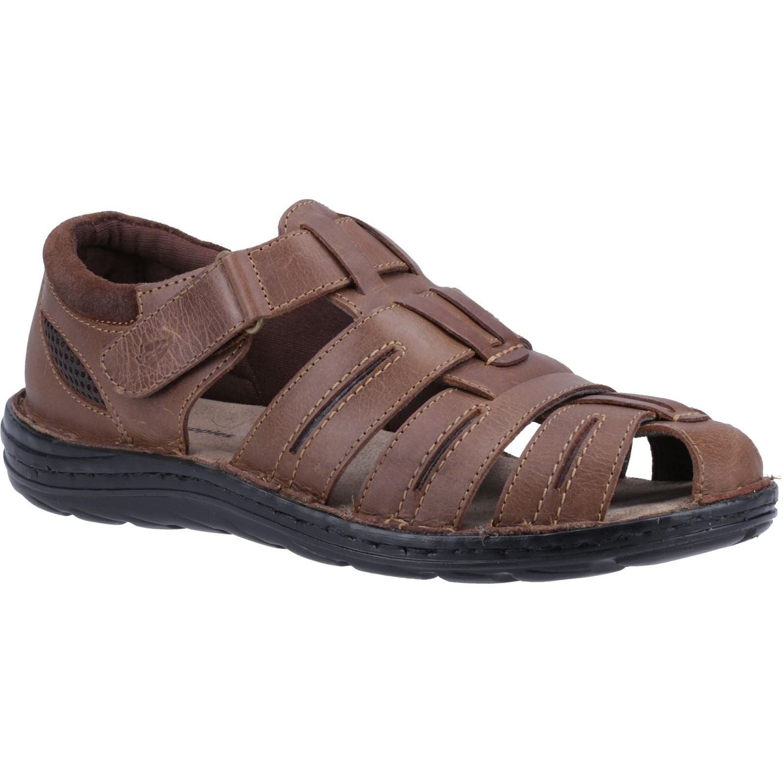 Tan leather men's sandals featuring a strappy design, adjustable Velcro closure, and a cushioned insole with a black rubber sole for comfort and durability.