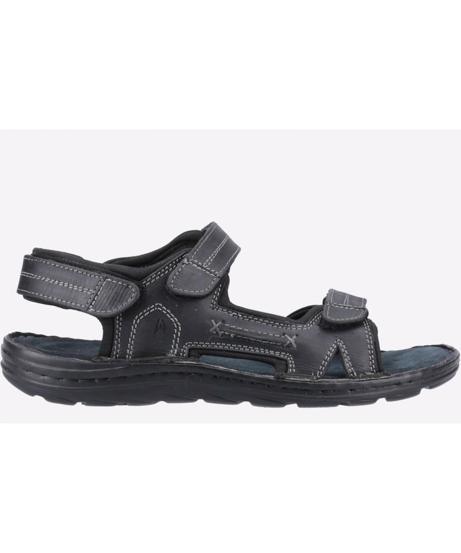 Black Hush Puppies 'Alistair' men's sandals featuring adjustable straps, cushioned footbed, and a durable rubber sole, available in size 6.