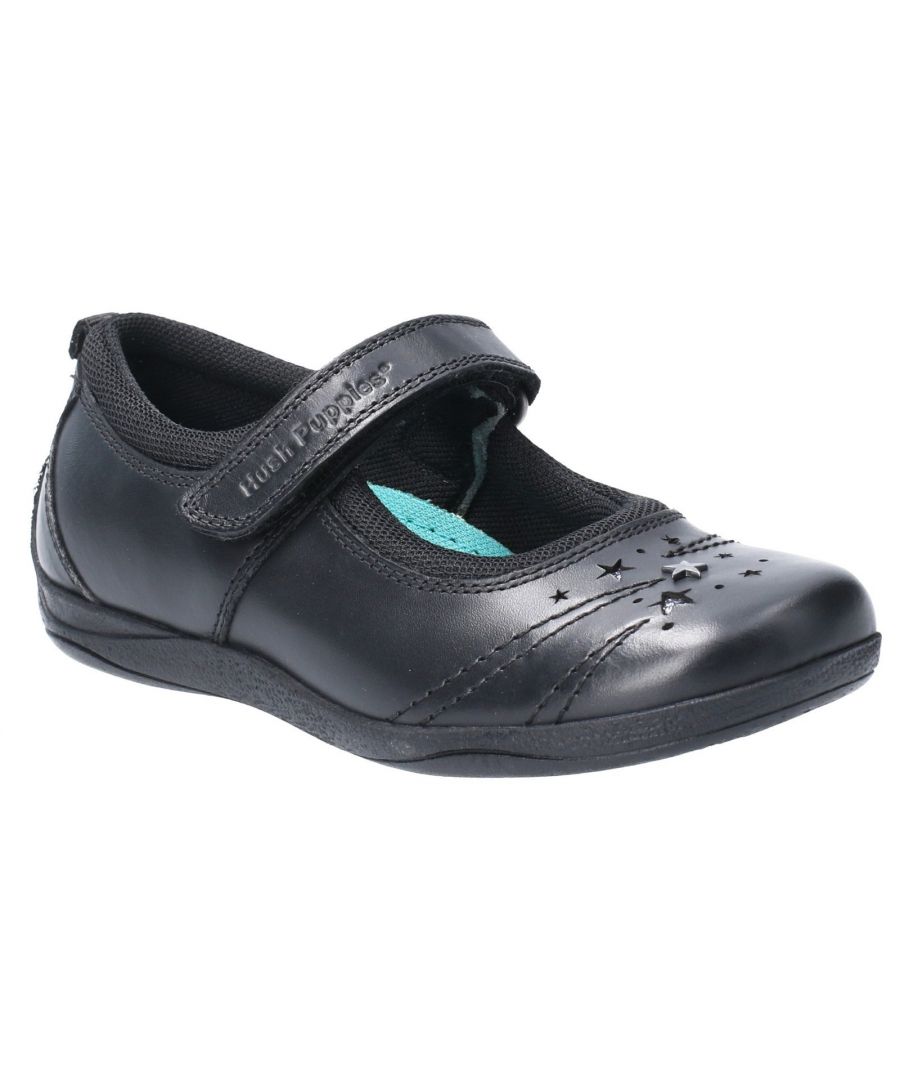 Black leather junior school shoe with a Velcro strap, featuring a star design on the toe and a cushioned insole, size 1 infant (UK).