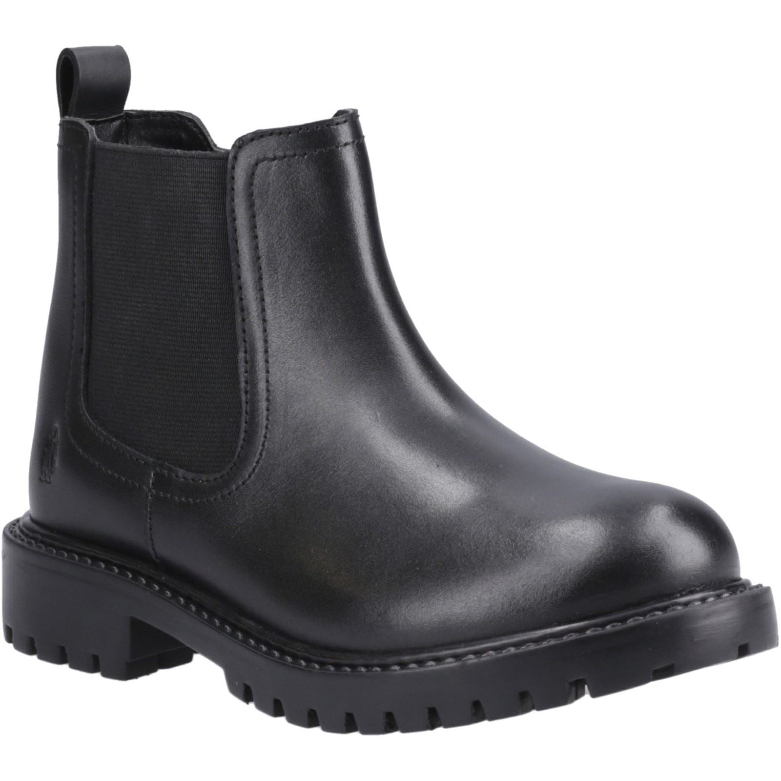 Black leather Chelsea boots featuring elastic side panels, a rounded toe, and a chunky rubber sole for added traction and comfort.