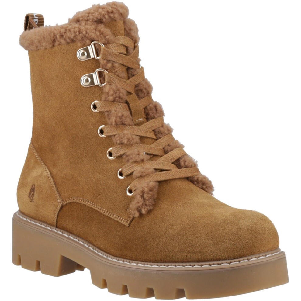Tan suede ankle boots with faux fur lining, featuring metal eyelets and laces, and a chunky rubber sole for winter wear.