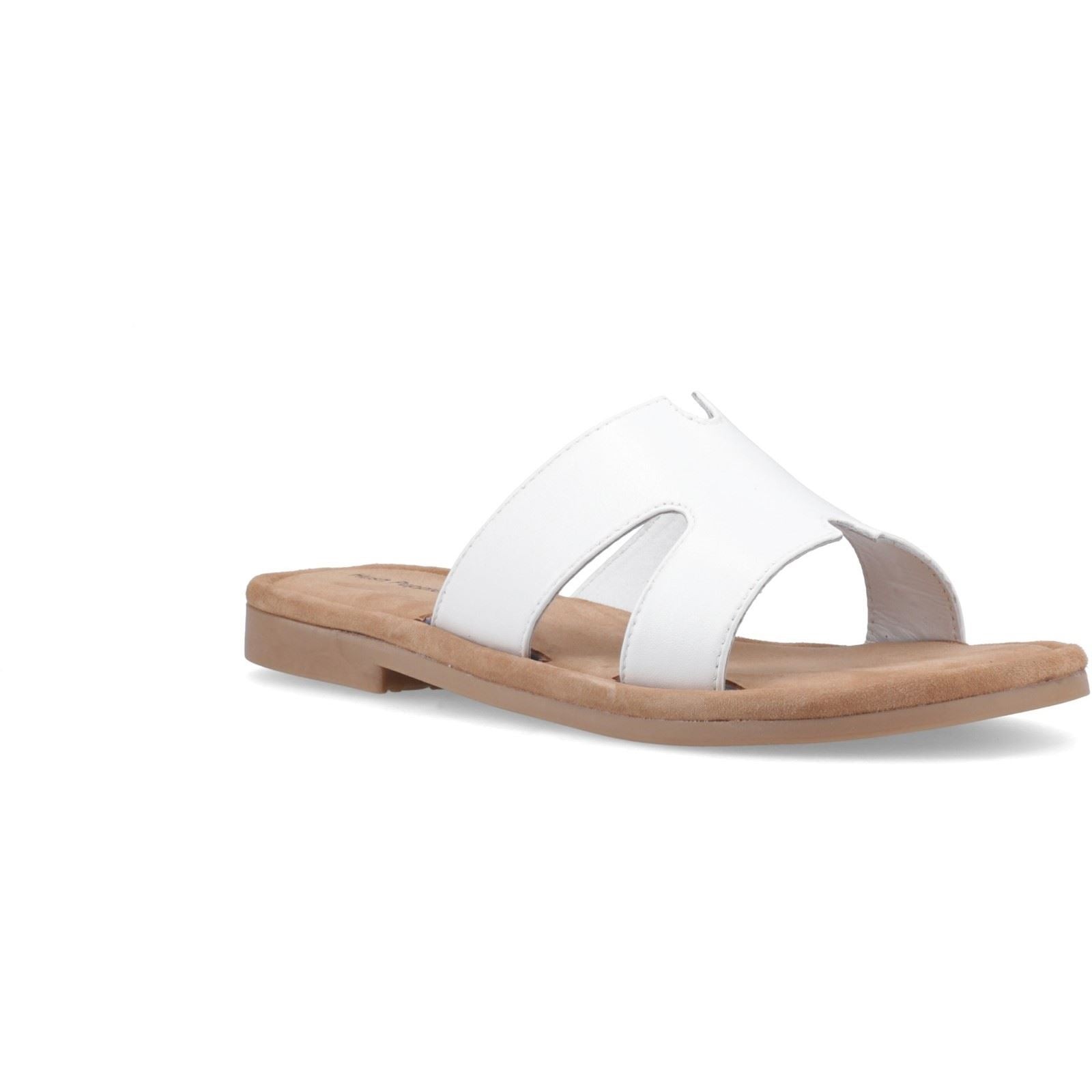 White leather Hush Puppies Azalea Mule sandals featuring a slip-on design with cut-out details and a comfortable tan sole.