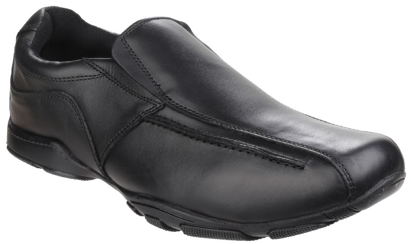 Black leather loafers for youth boys featuring a sleek design, rounded toe, and cushioned insole, ideal for casual or formal occasions.