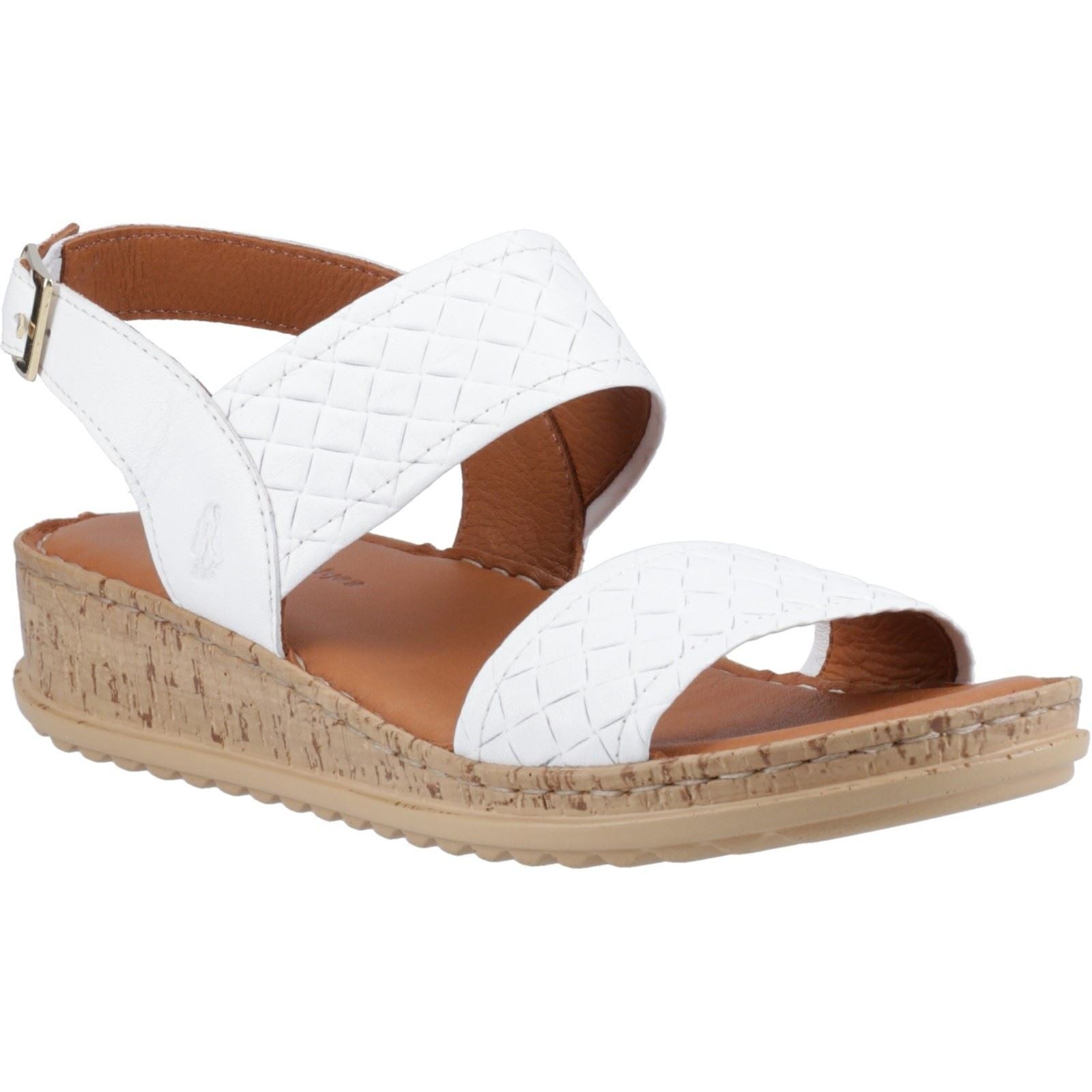 White woven leather sandal featuring two crisscross straps, a cork wedge heel, and a tan footbed, designed for comfort and style.