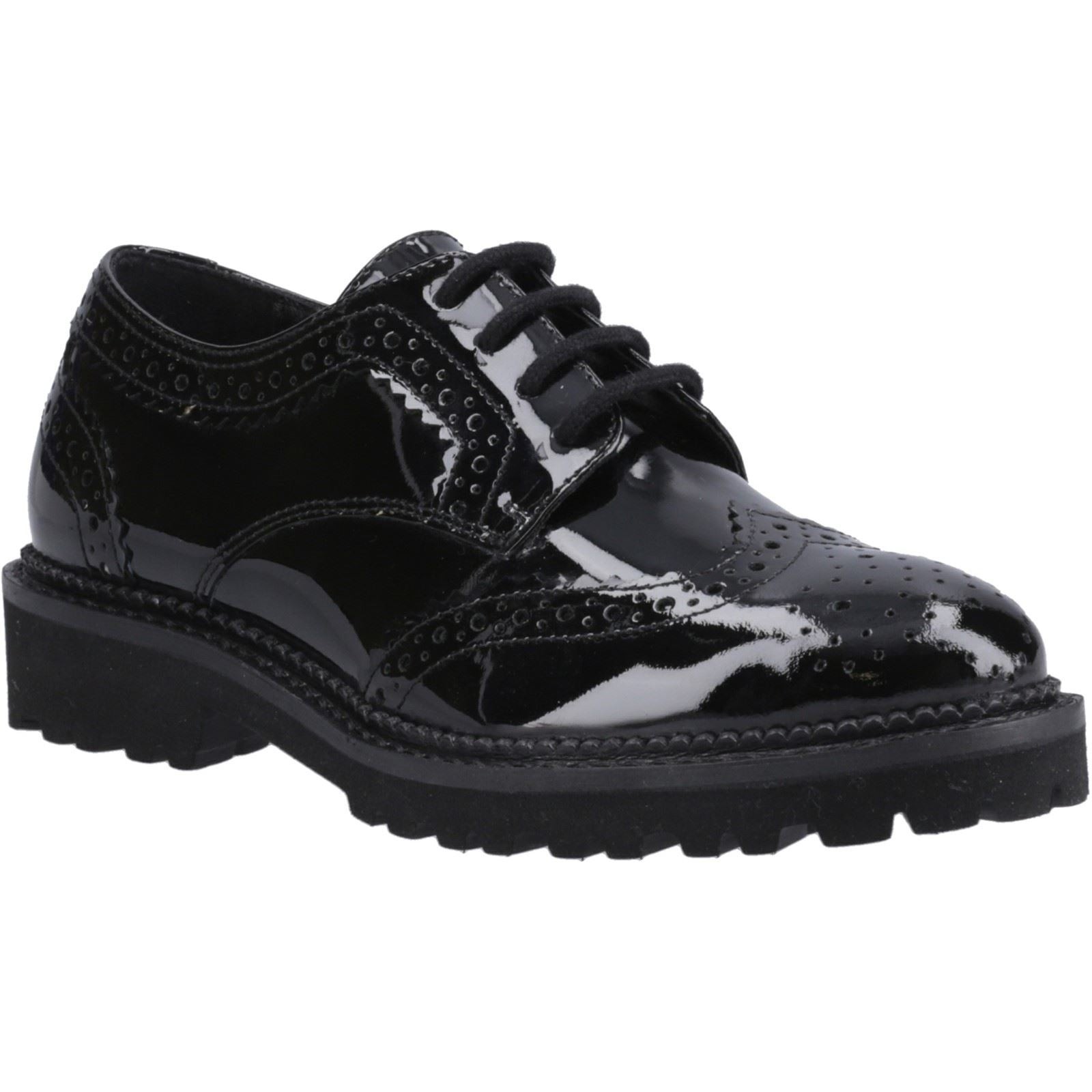 Black patent leather youth brogues featuring a lace-up design, brogue detailing, and a rugged black sole for enhanced grip and style.