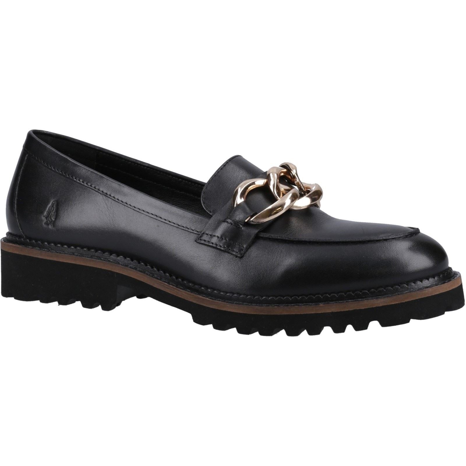 Black leather loafers featuring a chunky gold chain detail on the front, with a sturdy sole and a classic design suitable for casual or dressy occasions.