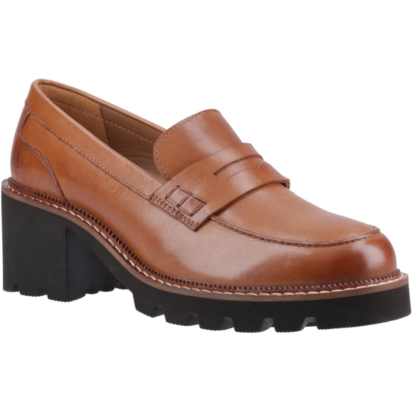 Tan leather loafers with a chunky black platform sole, featuring a classic penny slot and stitched detailing for a stylish, comfortable look.